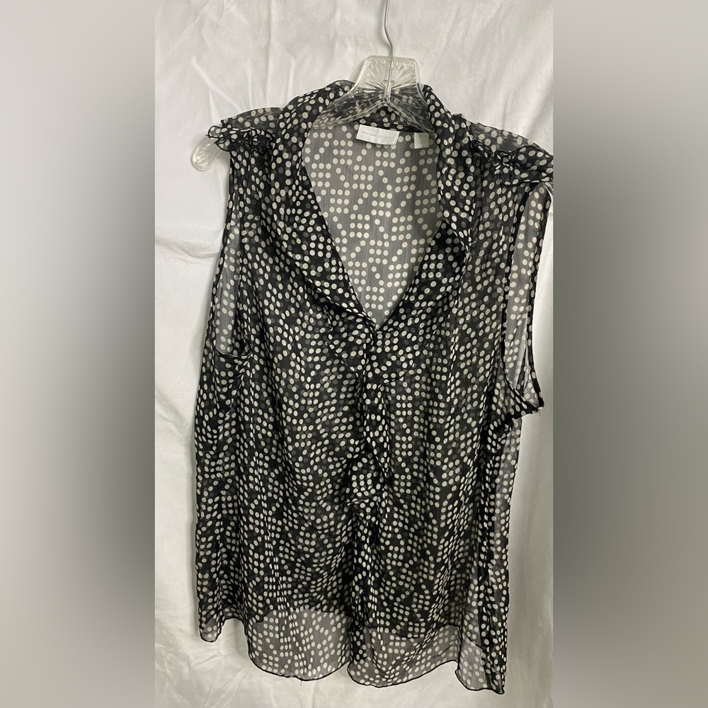 Black and Cream Polka Dot - sheer, sleeveless top with ruffle collar